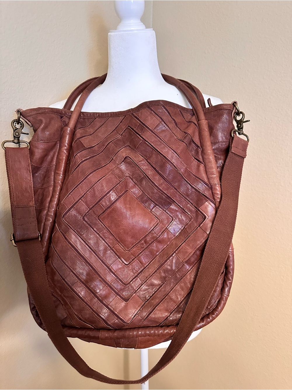 ✨ Lost & Found Timeless Boho Leather Diamond Patchwork Oversized Tote Bag